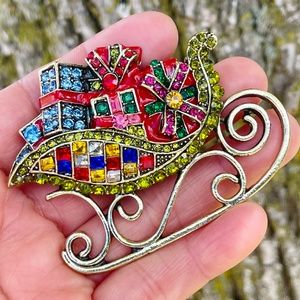 Large Santa Sleigh Brooch Rhinestone Santa Sleigh Pin Christmas Brooch
